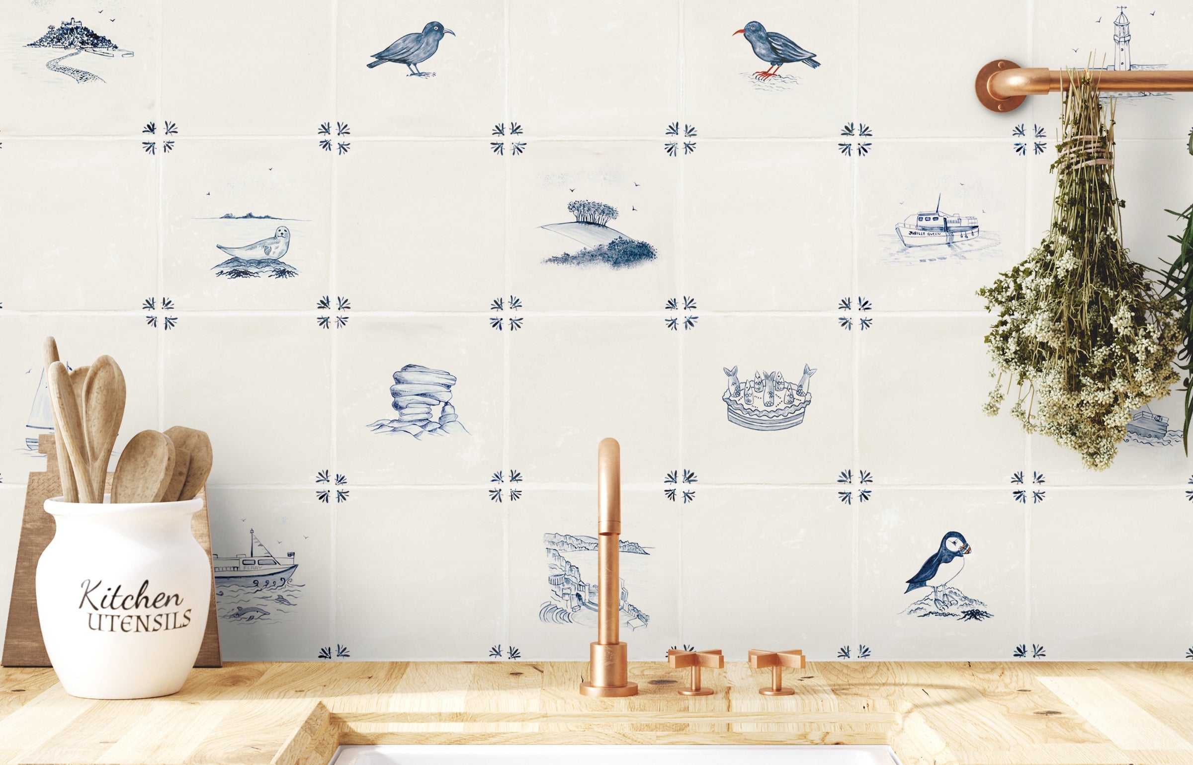 Hand painted Cornwall inspired Delft tile collection, Decorum Studio Cornwall