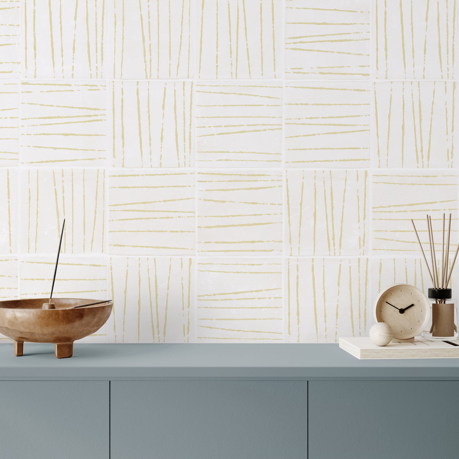 Random pattern tiled wall of Birch in Brimstone