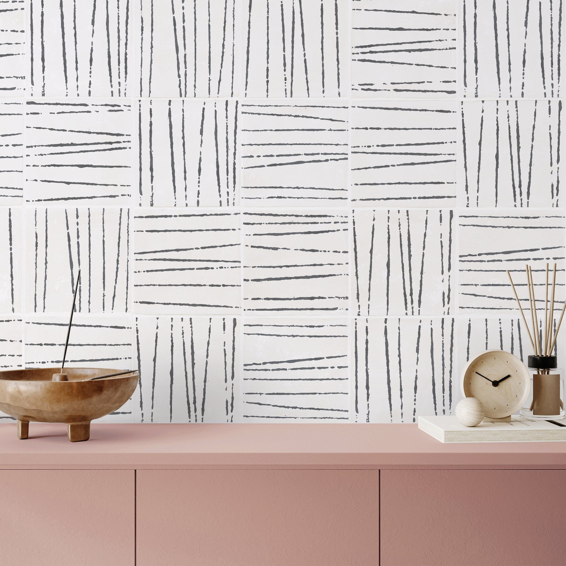 Birch in Charcoal tiled in a random layout