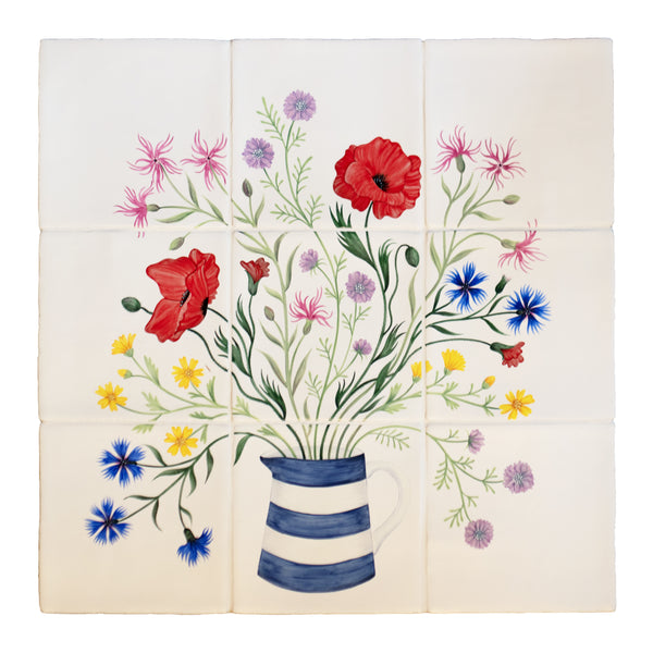 Hand painted tile panel of Cornish Meadow Posey in vase
