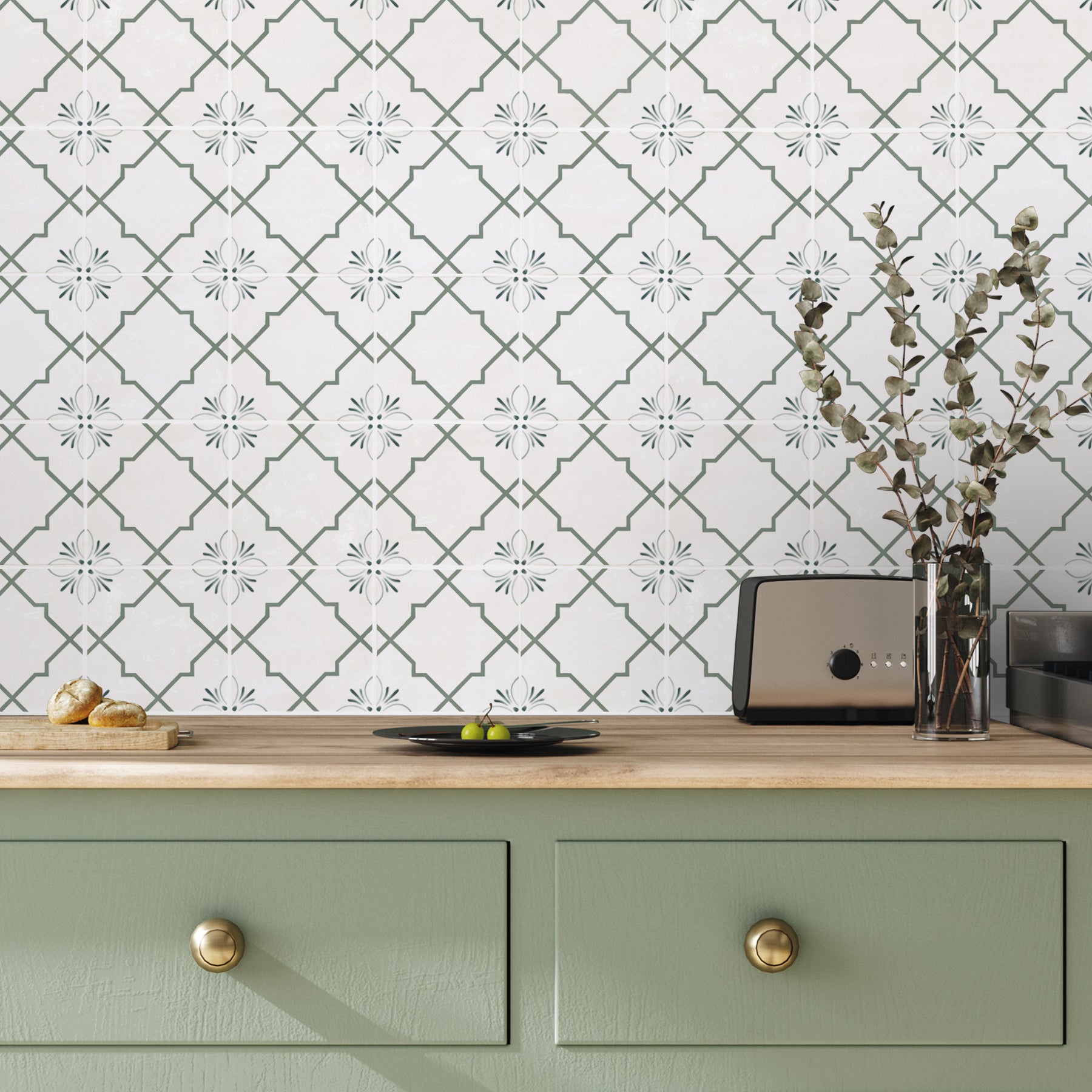 Wall of Safran Trellis tiles in Moor colourway