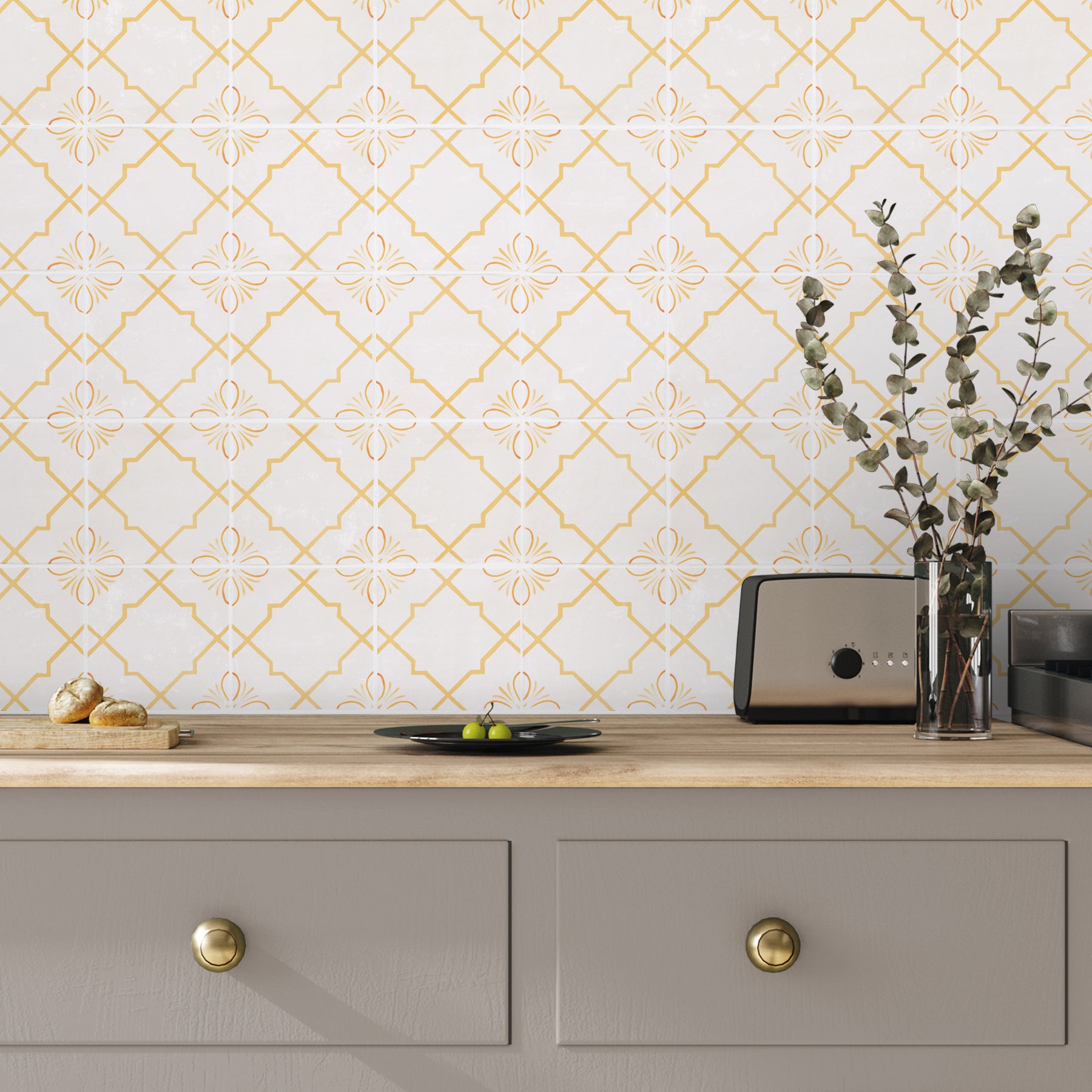 Kitchen tiled with Safran Trellis in Sunbeam