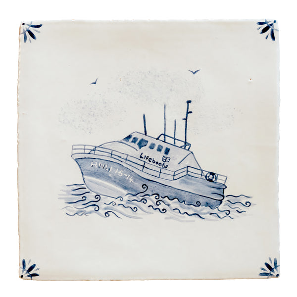 Cornish Delft Sennen Lifeboat hand painted tile