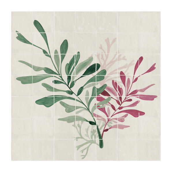 49 Tile - Dancing Seaweed Mural Claret and Sea Green