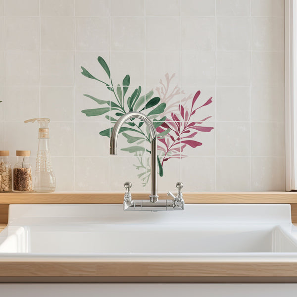 16 Tile - Dancing Seaweed Mural Claret and Sea Green