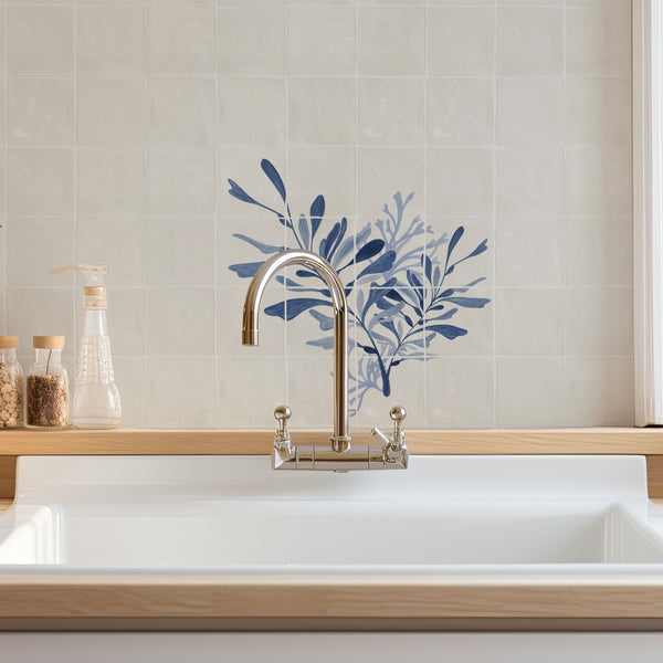 16 Tile - Dancing Seaweed Mural Delft Blue