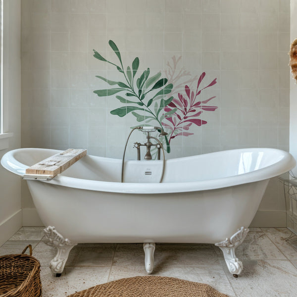 49 Tile - Dancing Seaweed Mural Claret and Sea Green