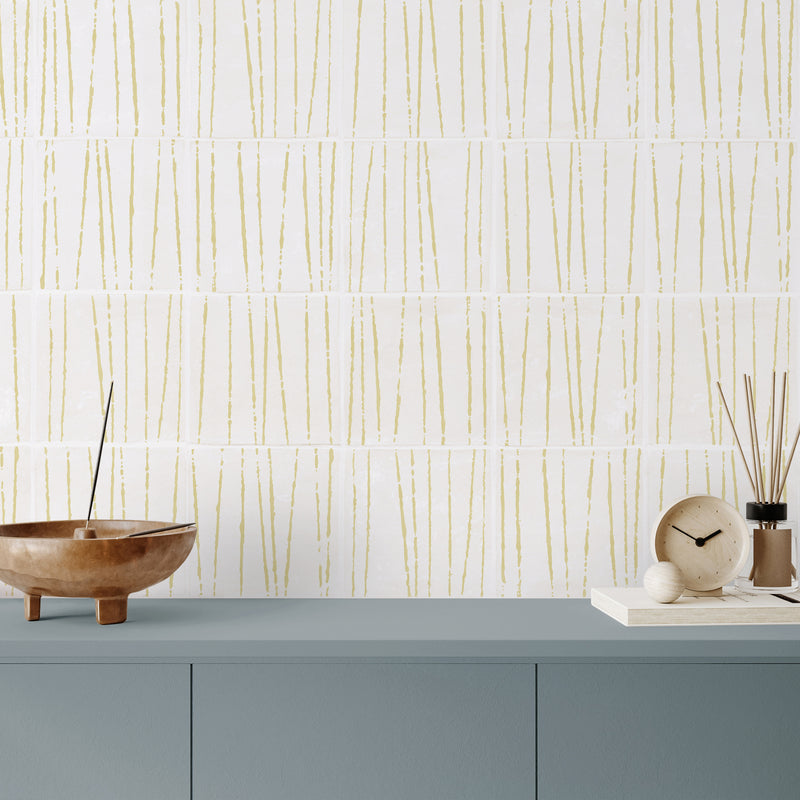 Wall tiled with Birch Brimstone in stacked pattern