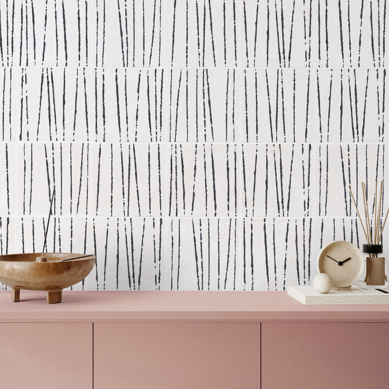 Charcoal Birch tiles staked in a linear pattern