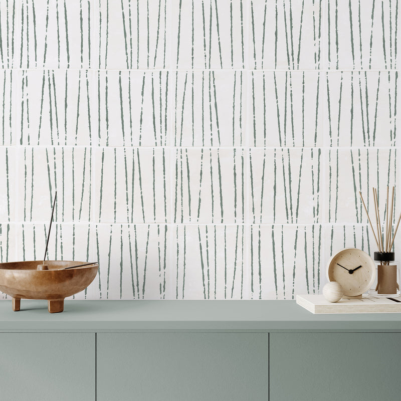 Linear design of Birch Lichen tile in kitchen
