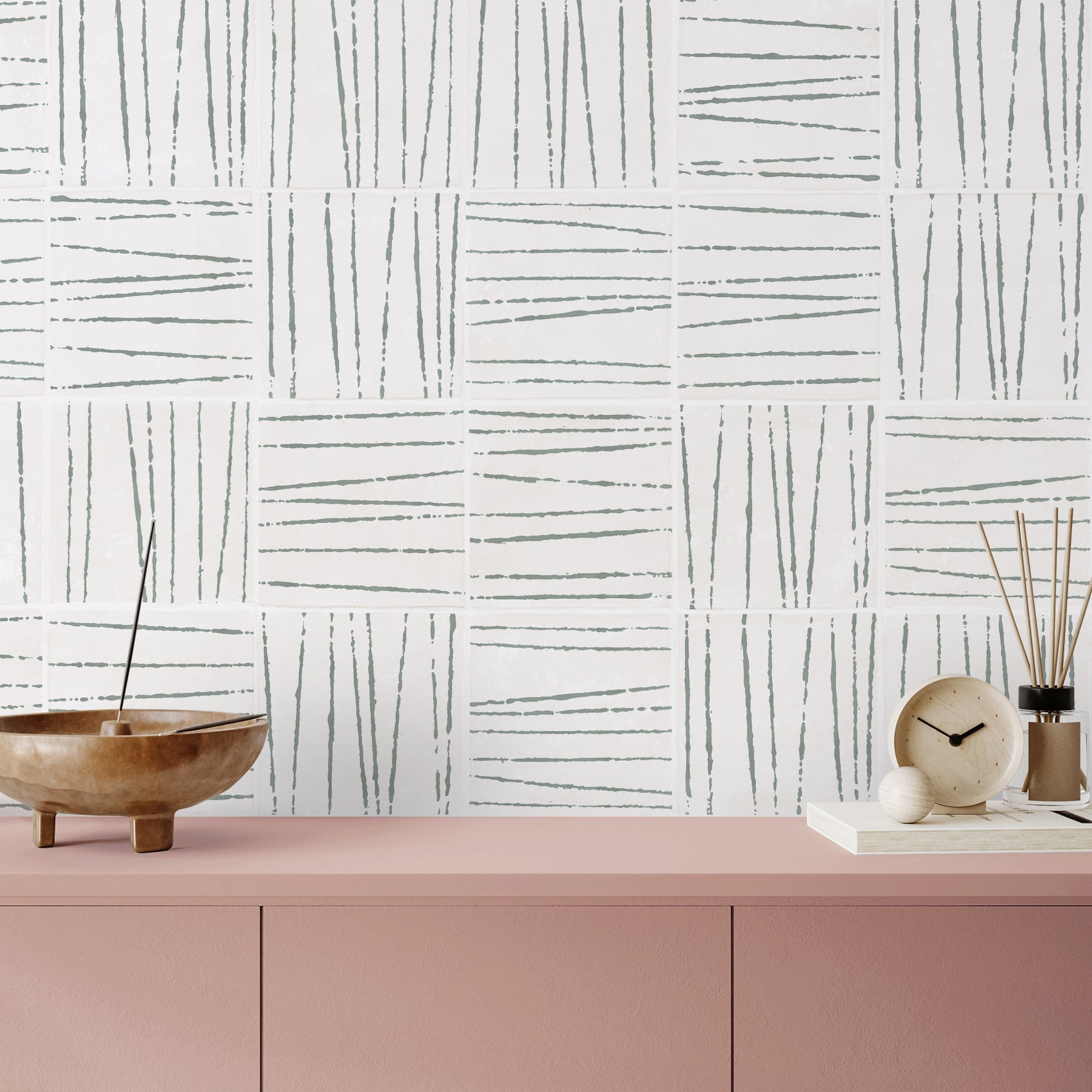 Birch Lichen tile randomly mixed on kitchen wall
