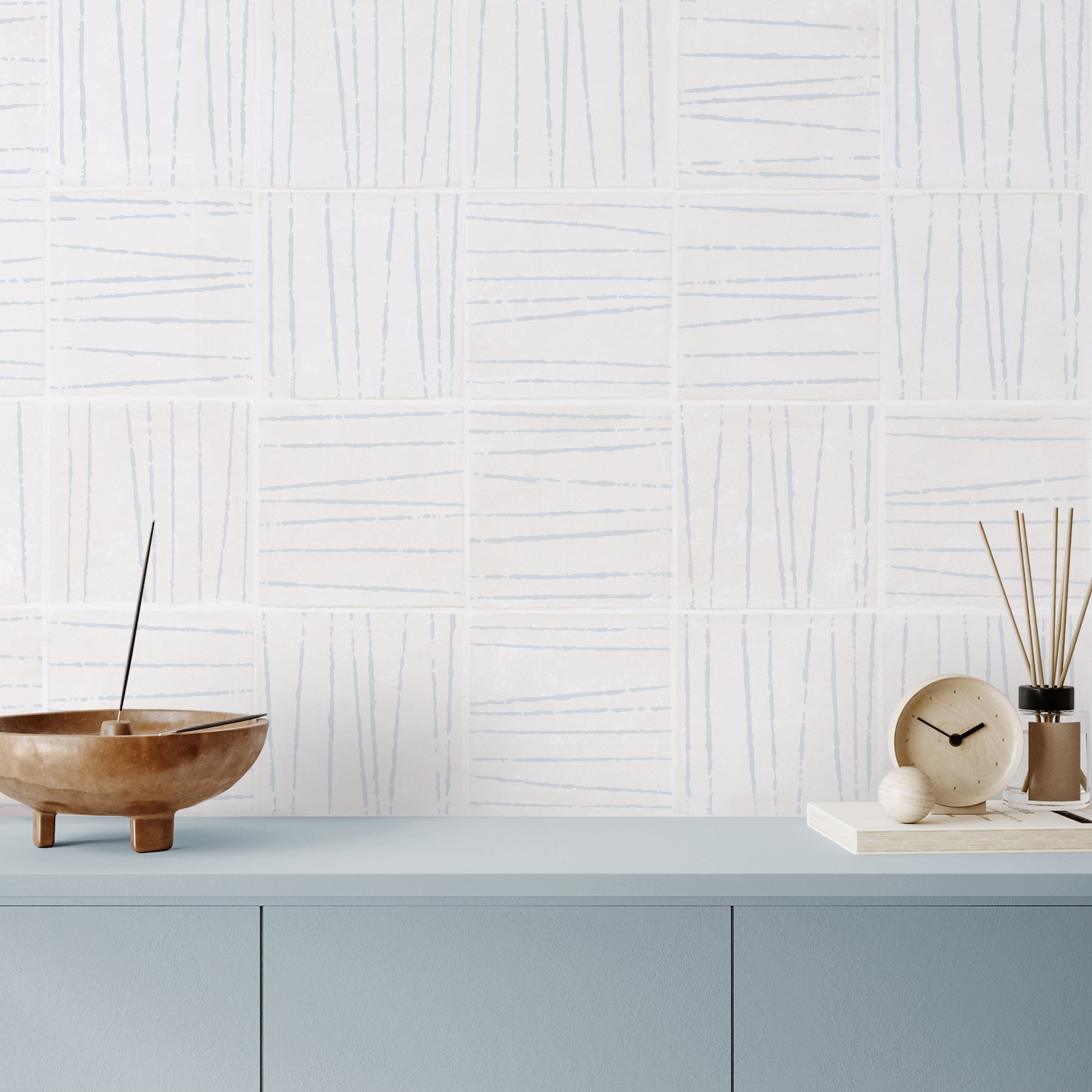 Birch in Light Cornflower in random tiled pattern