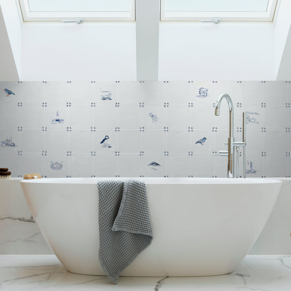 Cornish Delft Hawthorn design hand painted bathroom tiles