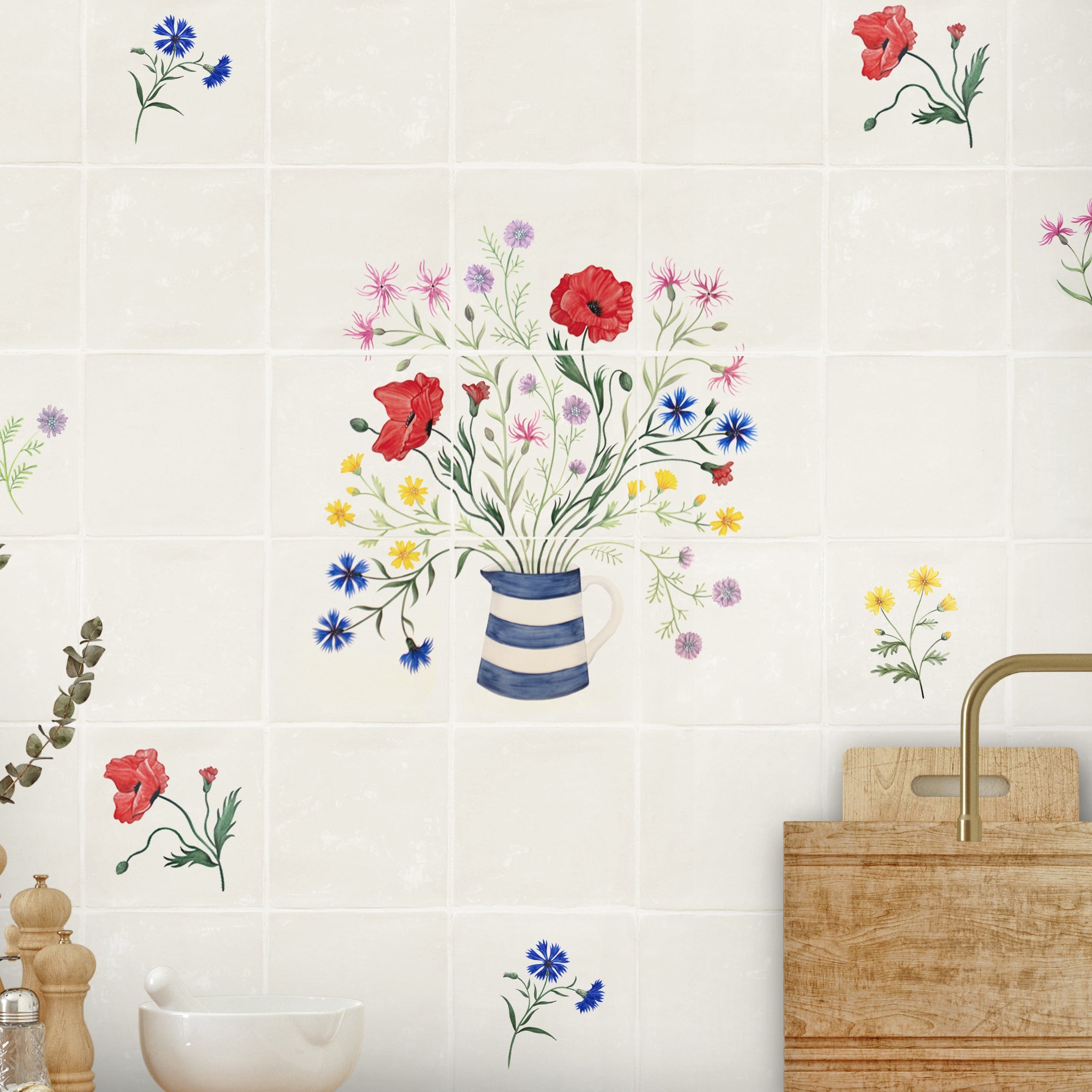 Cornish Meadow Posey tile panel as kitchen splash back