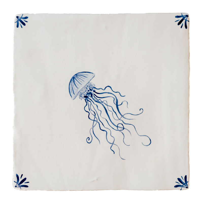 Cornish Delft Jellyfish hand painted tile