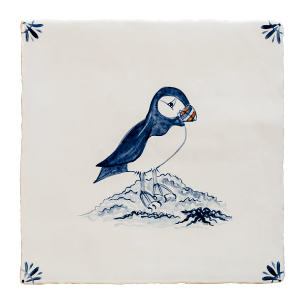 Cornish Delft Puffin bird hand painted tile