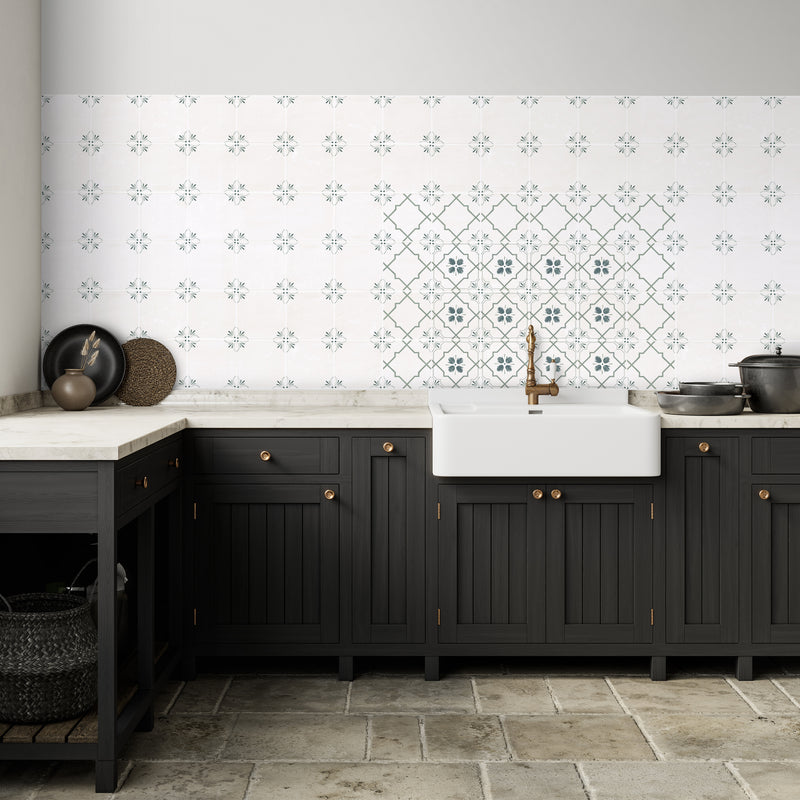 Kitchen tiled with mix of designs from Safran Collection