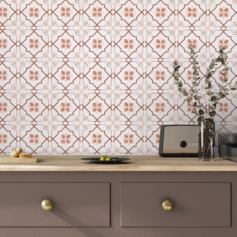 Tiled wall of Safran Flowers in Earth colourway