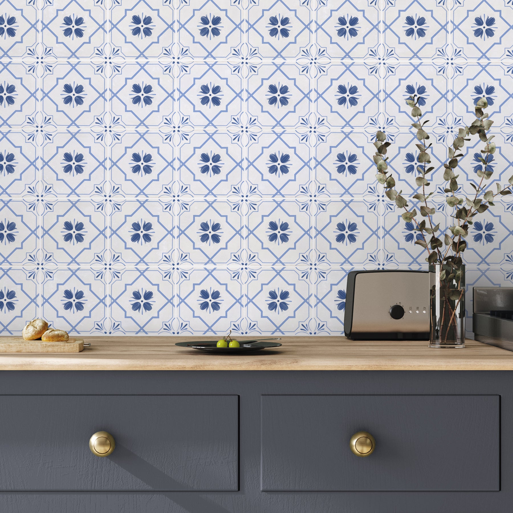 Wall of Safran Flowers tiles in Sky colour