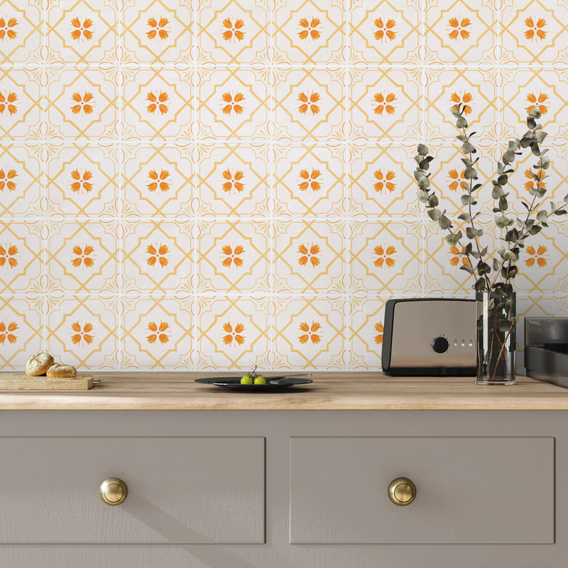 Kitchen tiled with Safran Flowers in Sunbeam