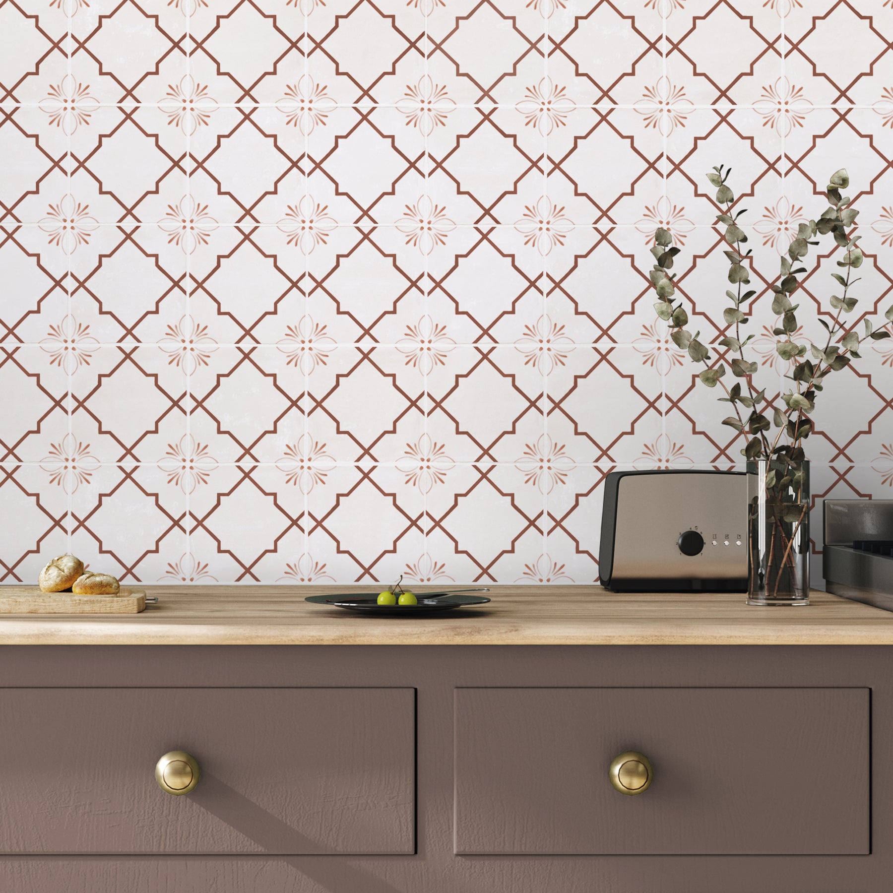 Safran Trellis tiled wall in Earth colourway