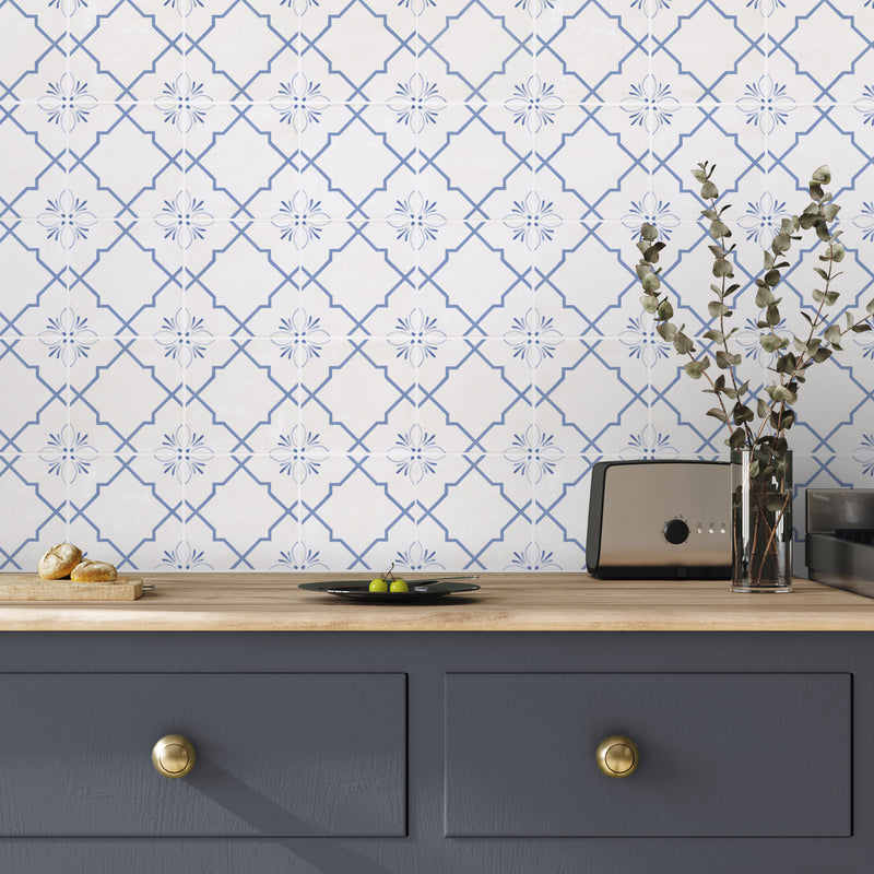 Wall tiled with Safran Trellis design in Sky colourway