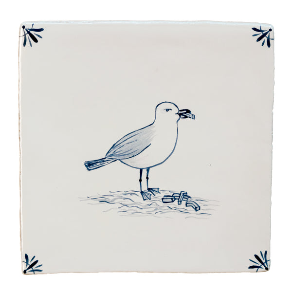 Cornish Delft Seagull with Chips hand painted tile