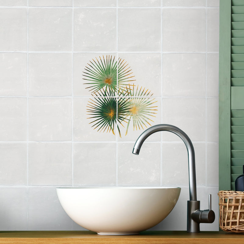 The Glasshouse Fan Palm feature tiles on a bathroom wall
